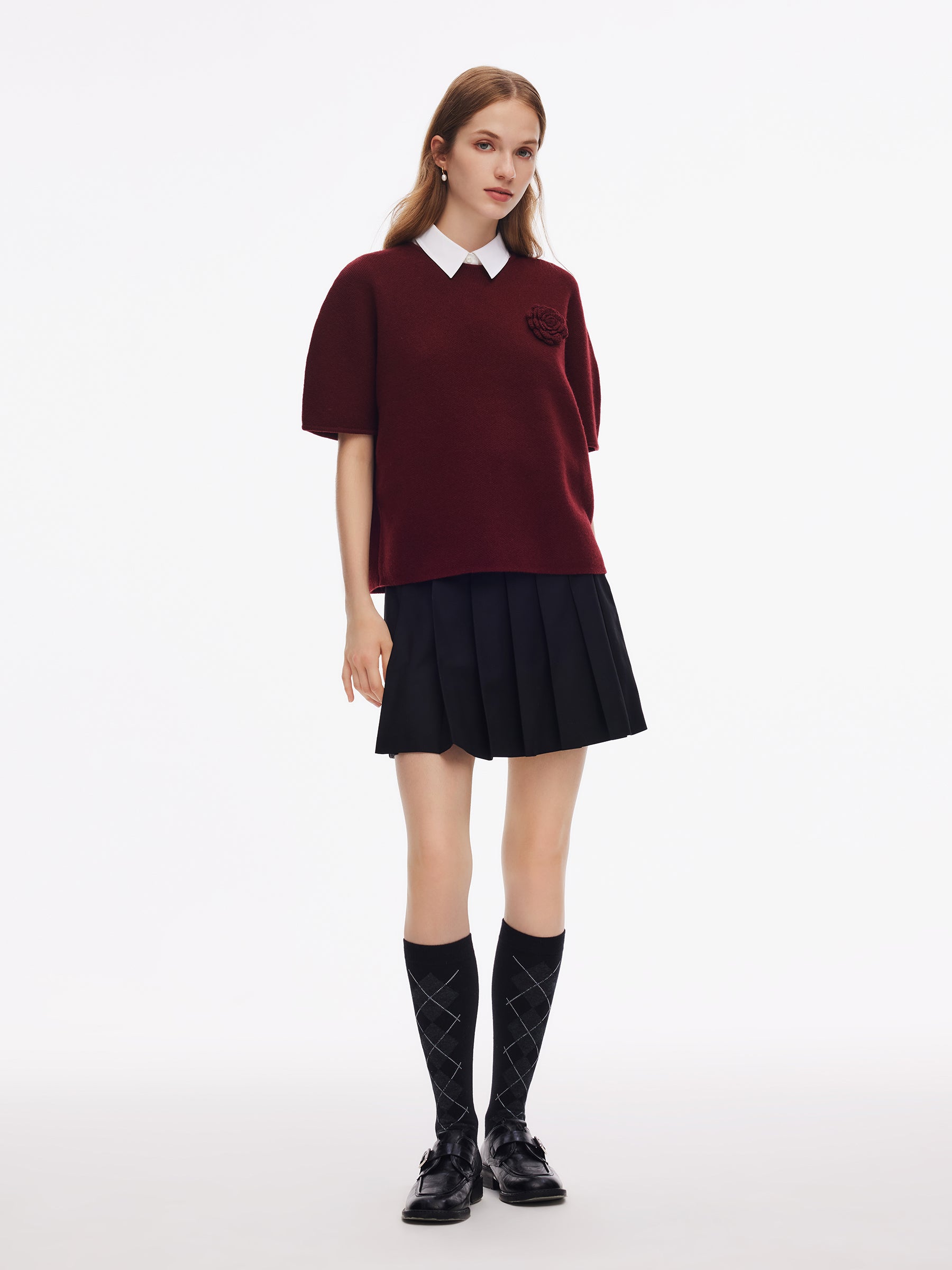 Wool Blend Women Knit Top With Detachable Brooch