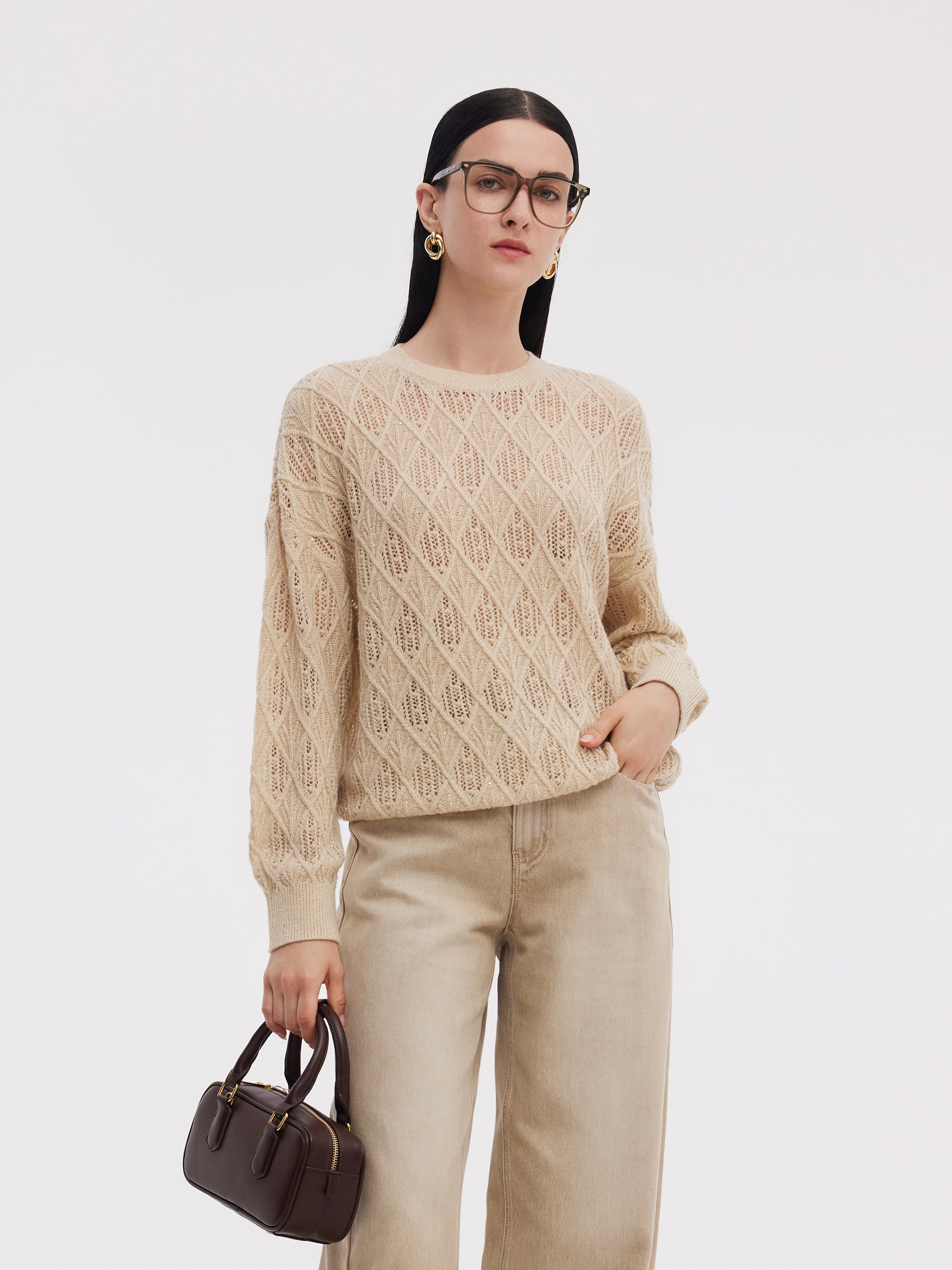 Wool Blend Sequins Women Openwork Sweater