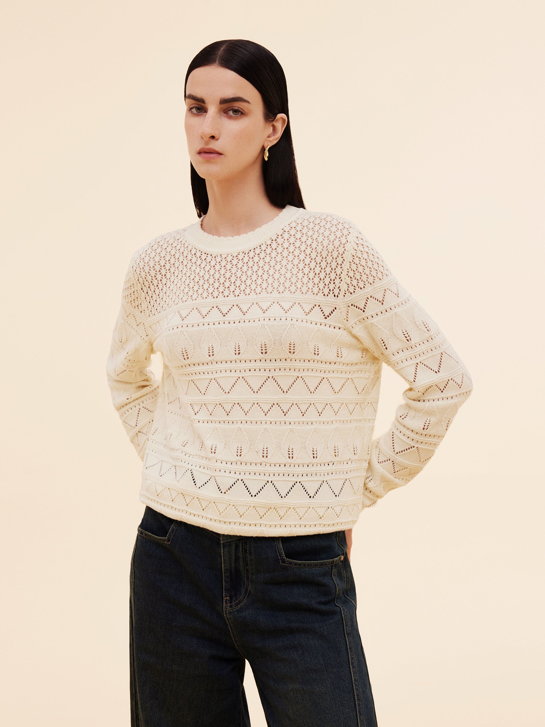 Cotton Sequins Women Open-Knit Top