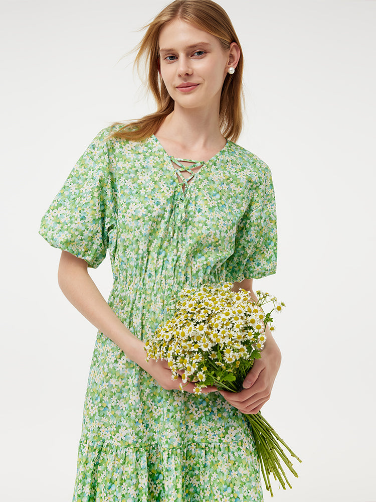 Cotton Floral Print Drawstring Front Women Mini Dress With Hairband