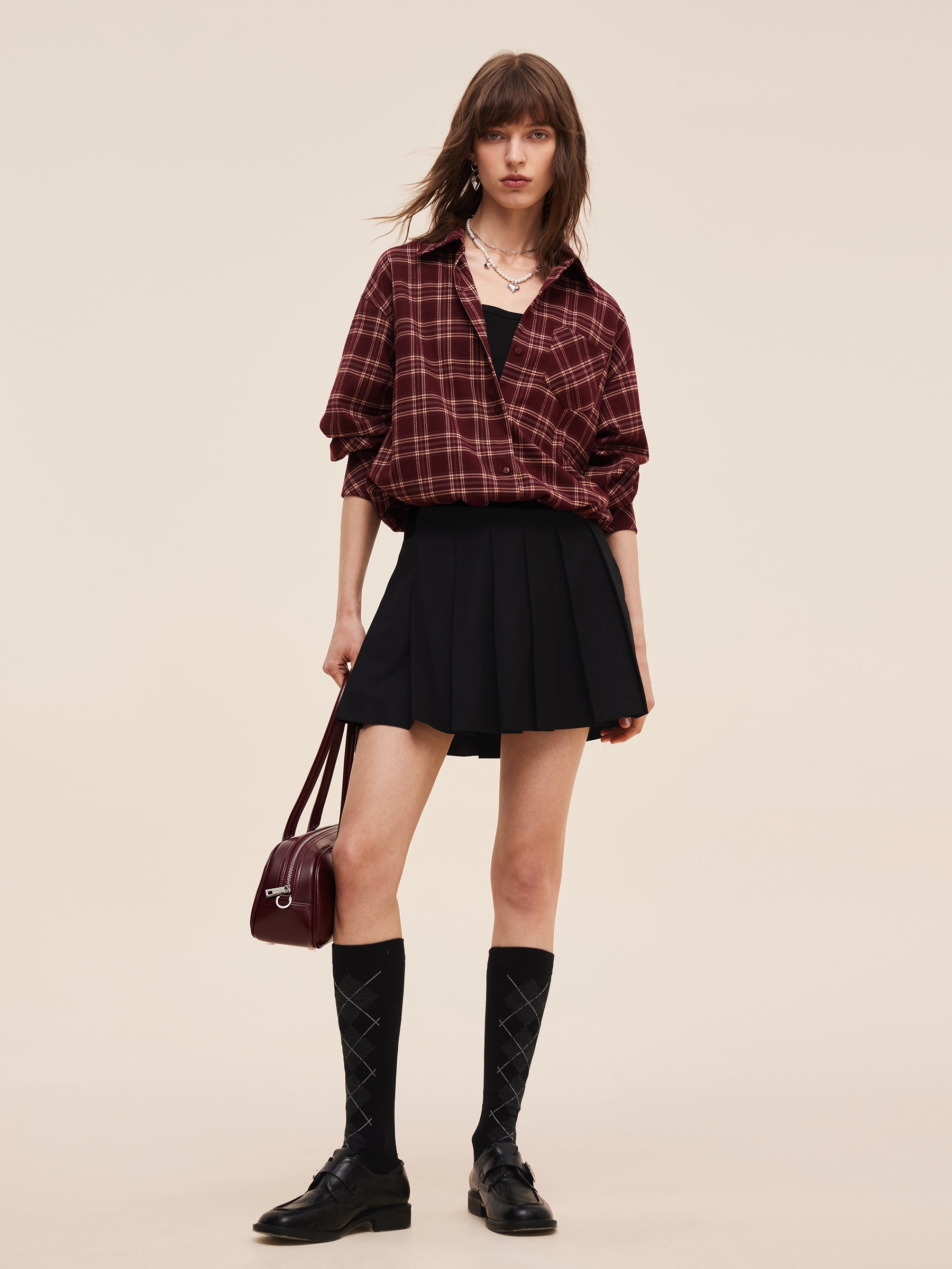 Mock Layered Plaid Women Long Sleeve Shirt