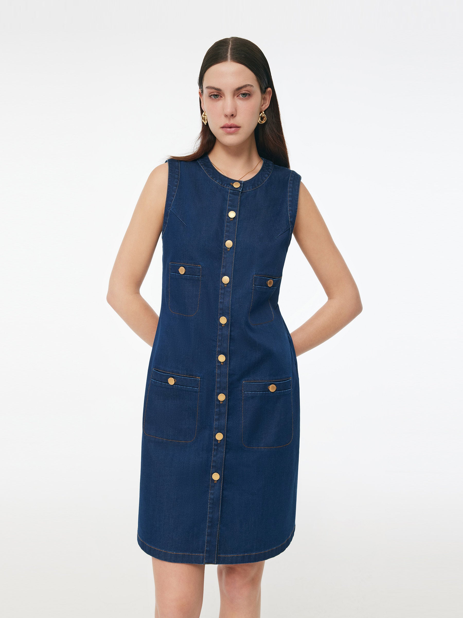 Denim Stretch Front Button Women Mini Dress