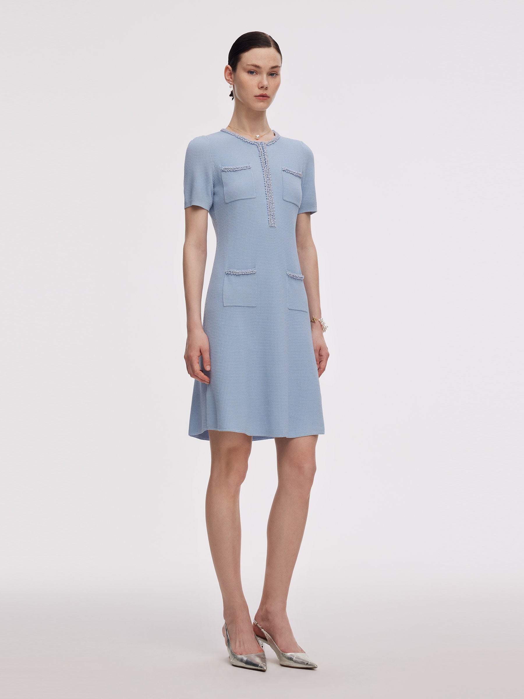 100% Cotton Half-Zip Women Beaded Round Neck Mini Dress