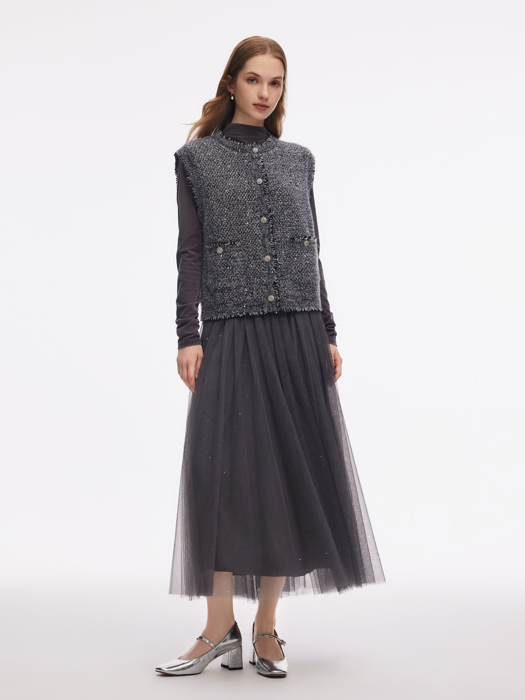 Frayed Trim Sequins Women Vest