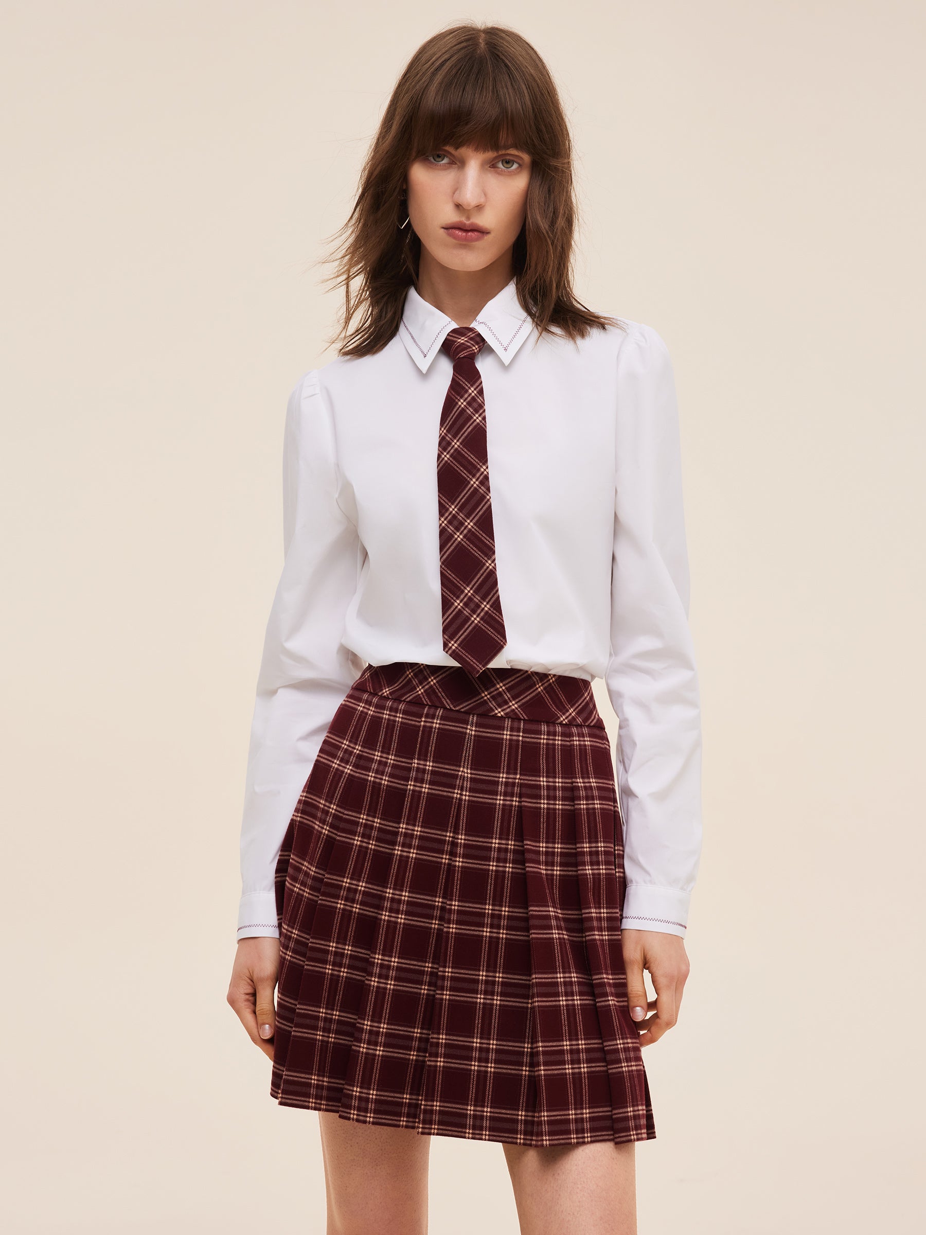 Embroidered Collar Women Shirt With Detachable Plaid Tie
