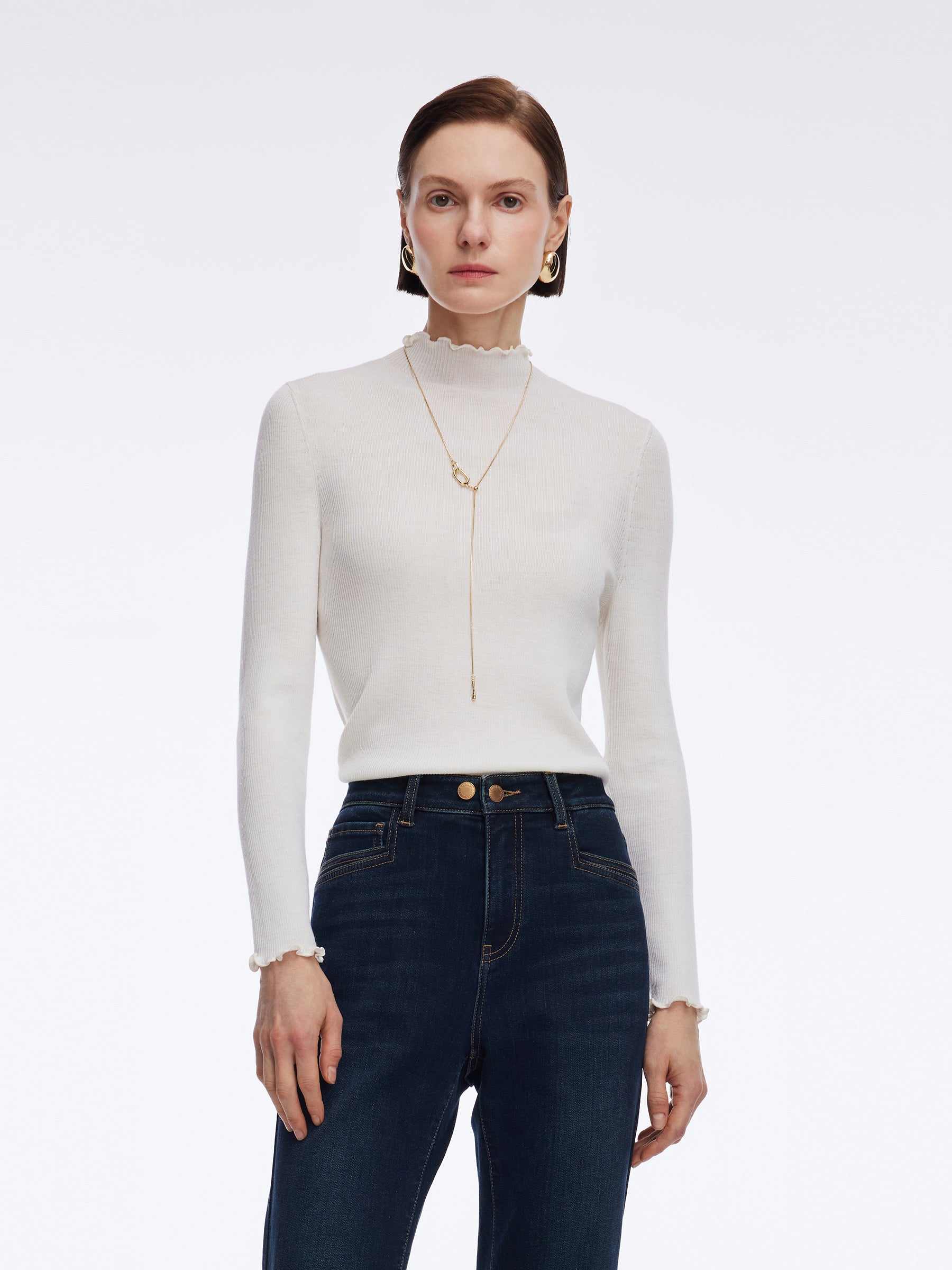 100% Machine Washable Wool Ruffle Mock Neck Women Knit Top