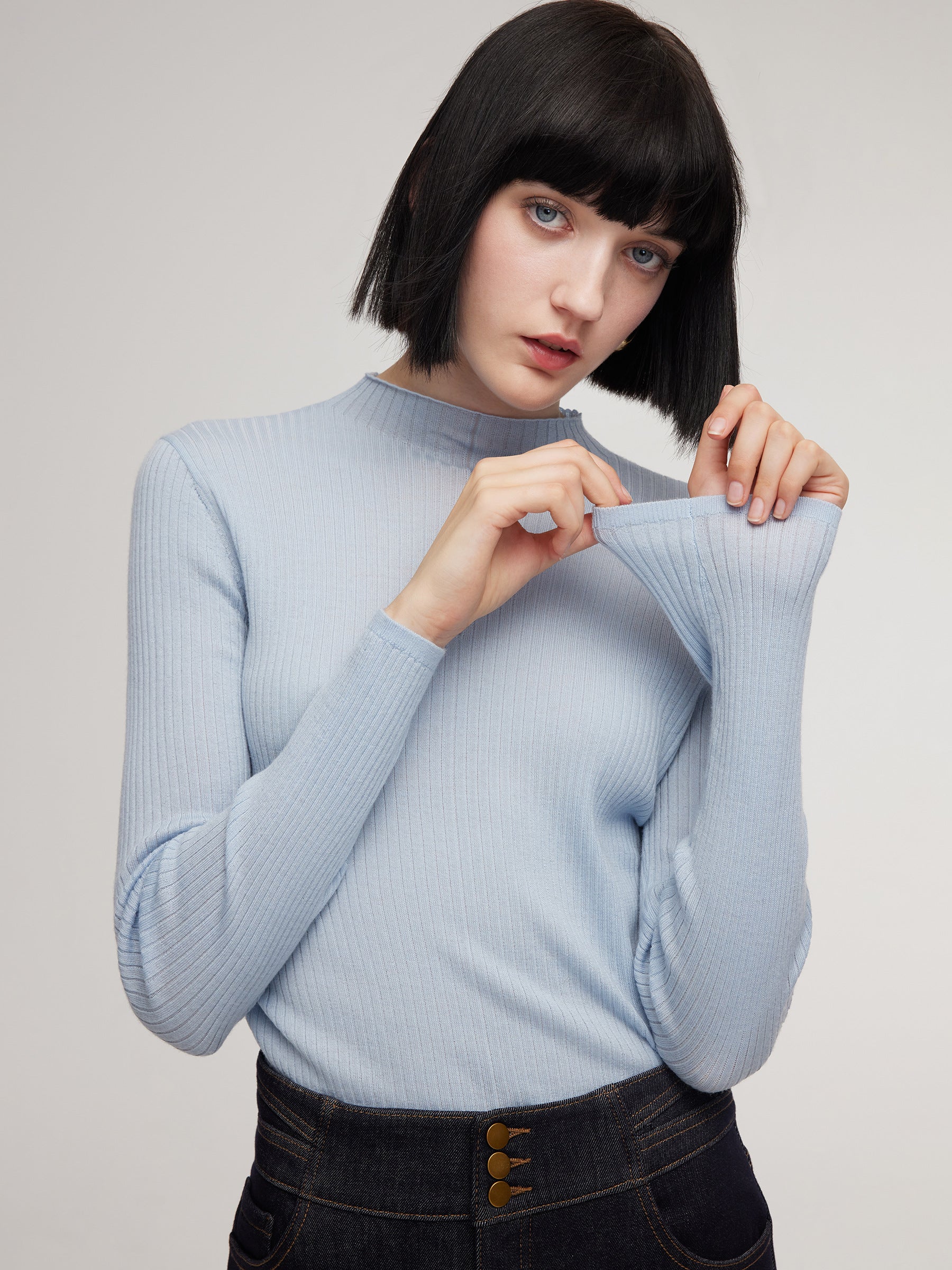 100% Washable Wool Mock Neck Women Knit Top