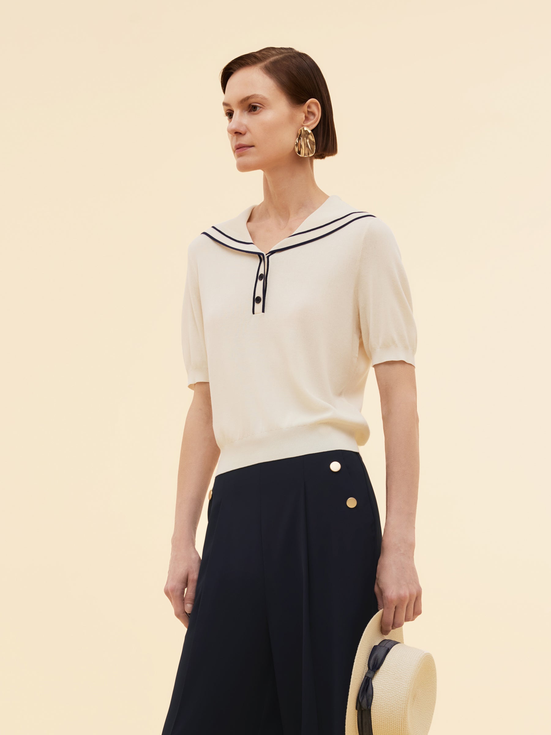 Acetate Cotton Blend Women Sailor Collar Knit Top