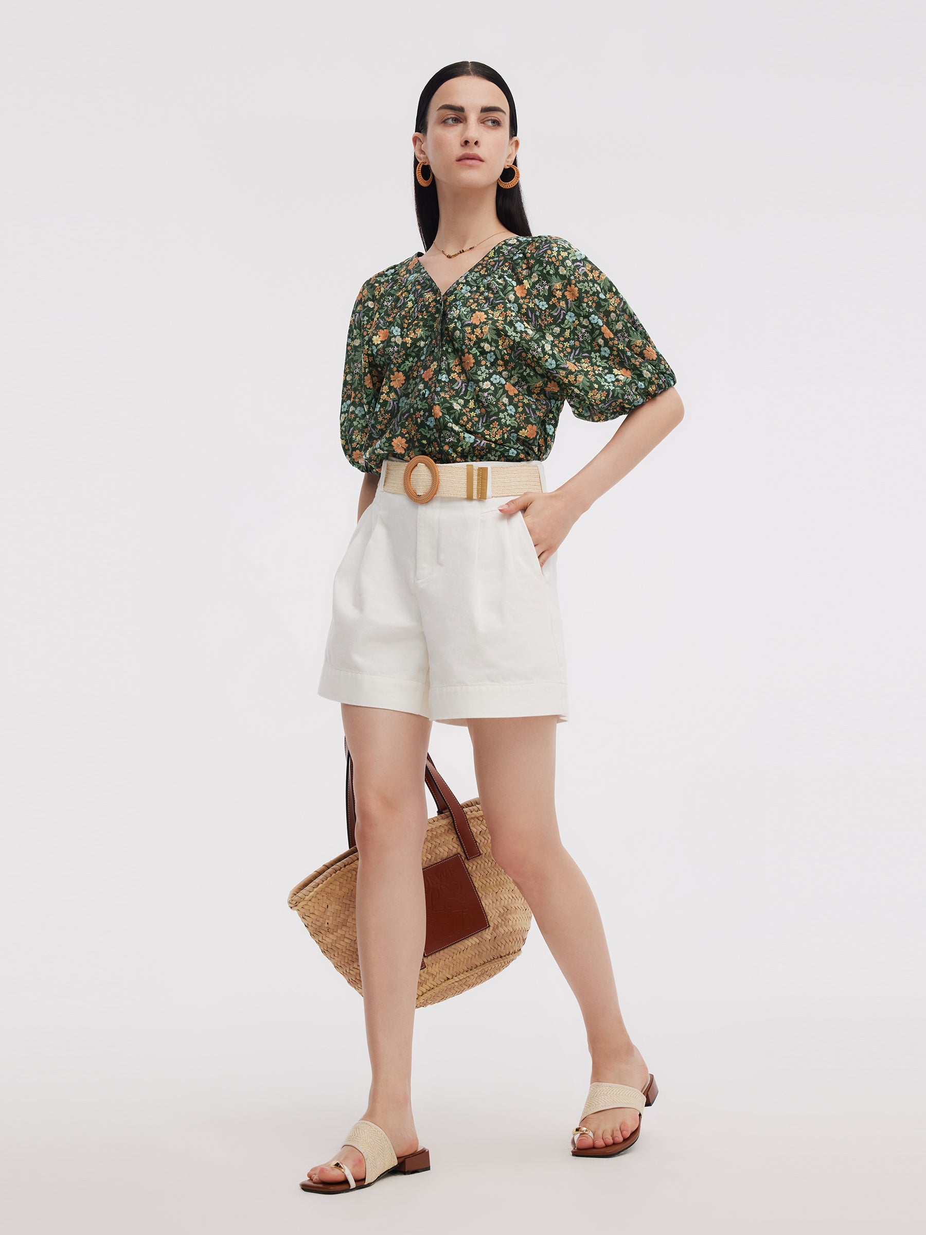 Tencel Blend Floral Print Women V-Neck Blouse