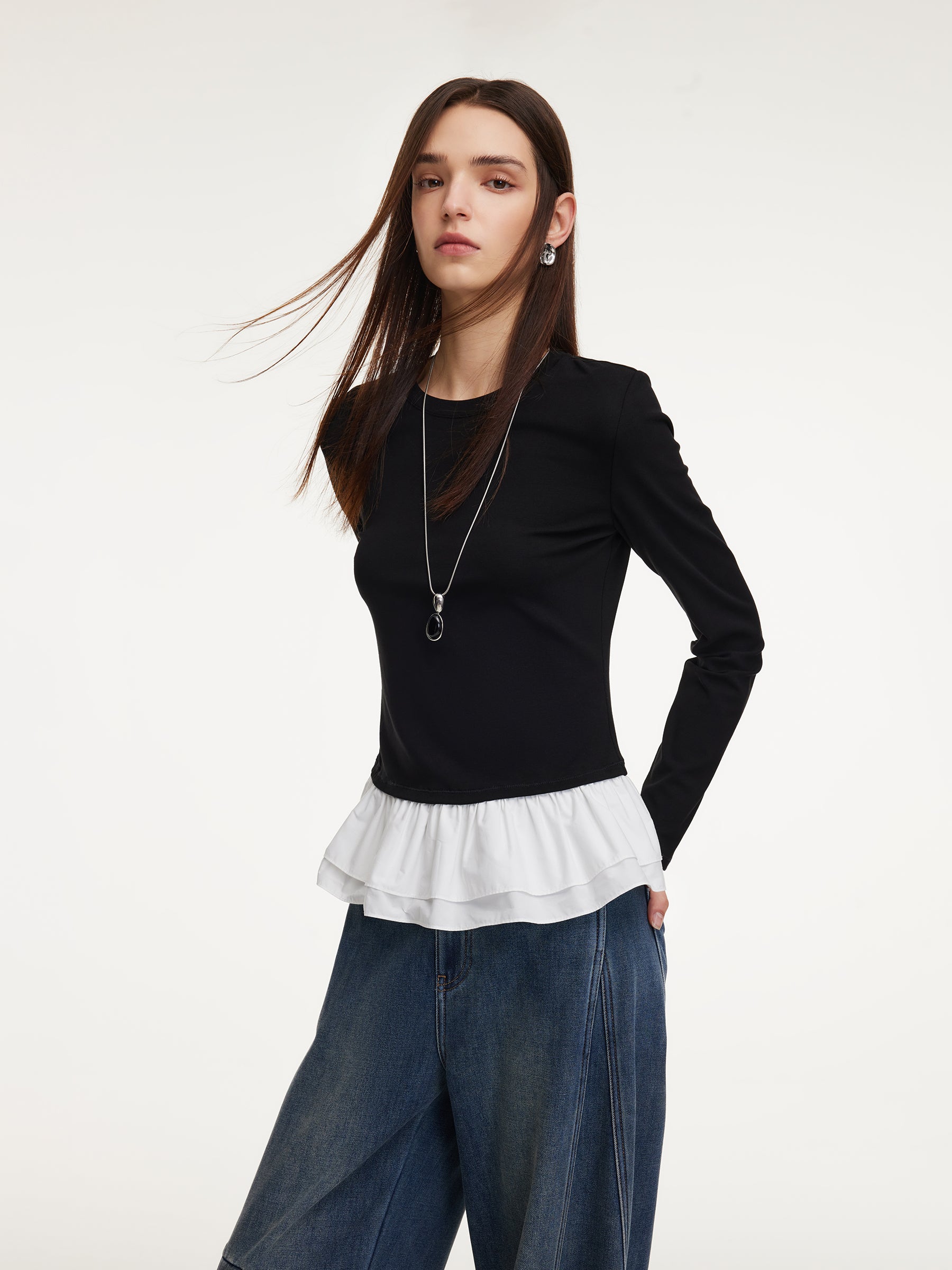 Ruffle Hem Long Sleeve Women Knit T-Shirt