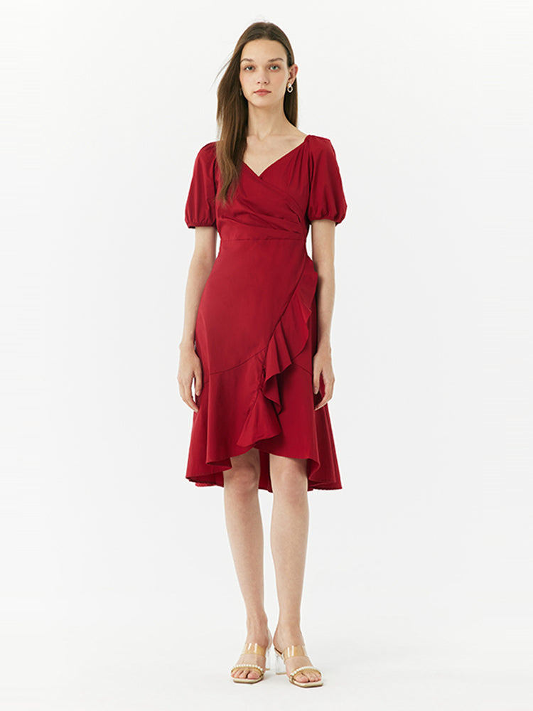 V-Neck Ruffle Cotton Midi Dress