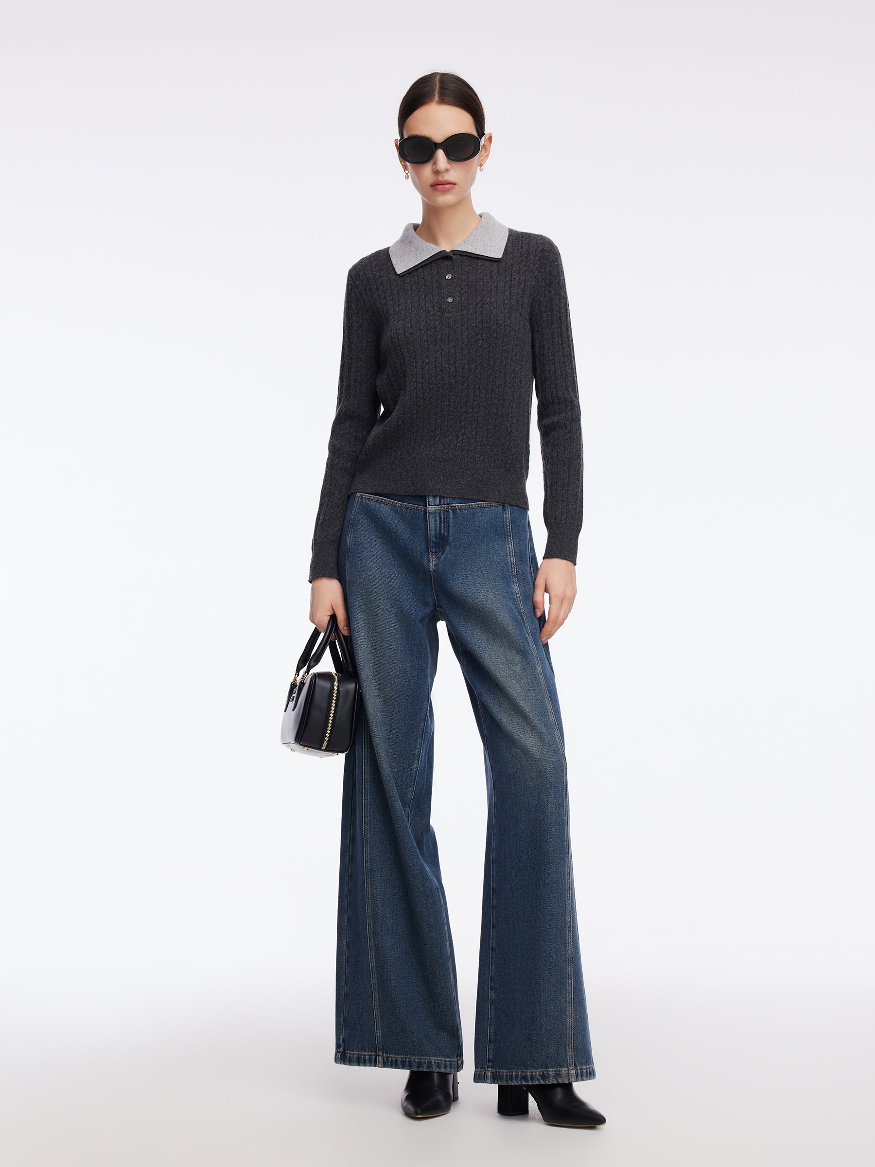 100% Wool Faux Two-Piece Lapel Women Knit Top