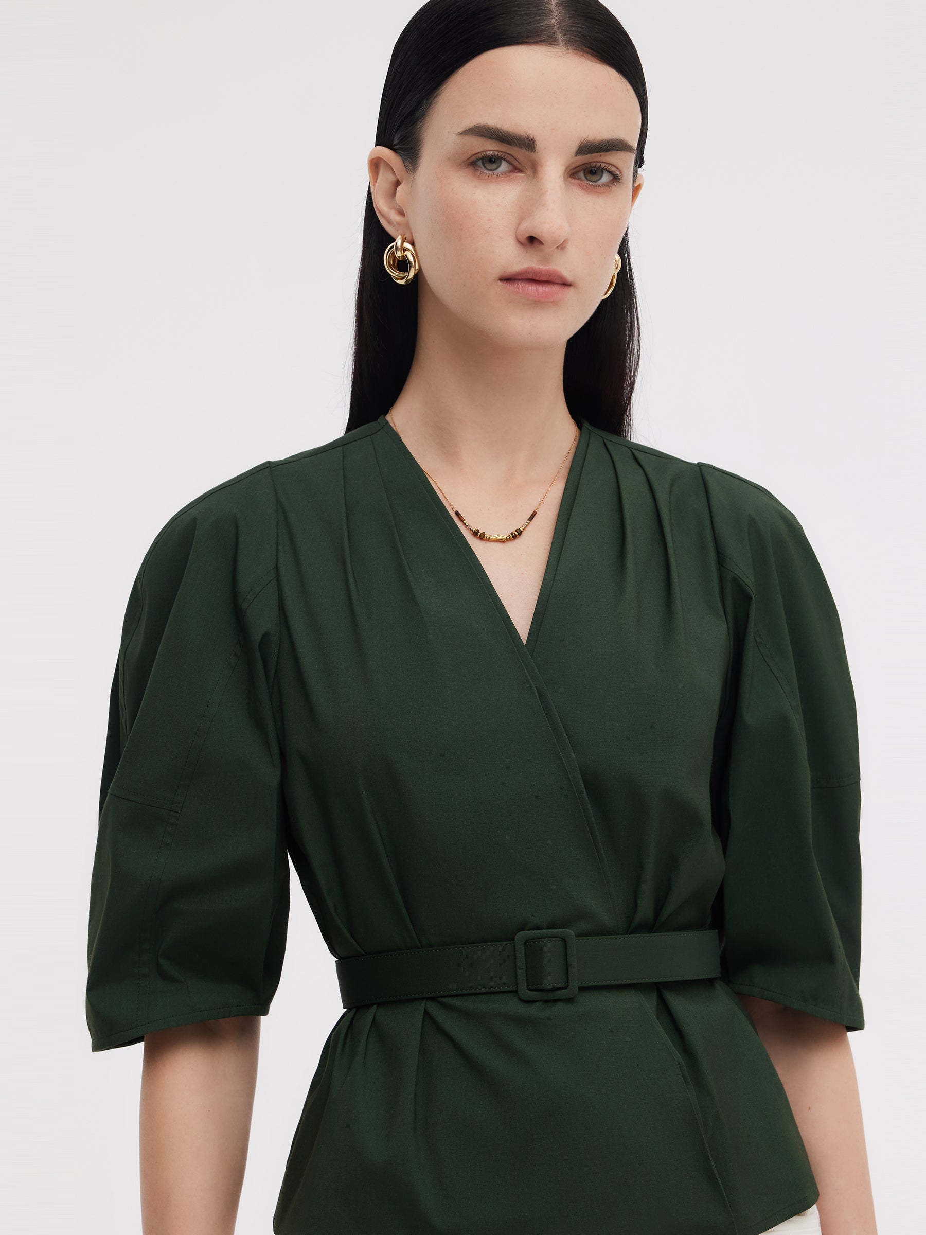 Dark Green V-Neck Women Blouse With Belt