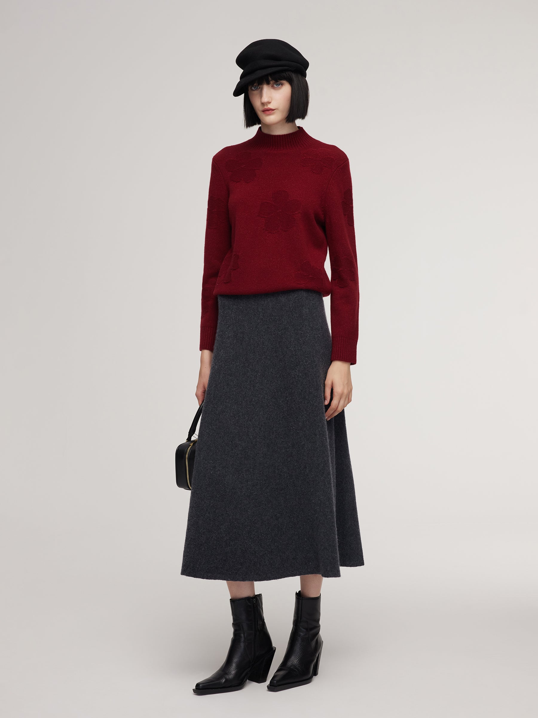 Wool Jacquard Mock Neck Women Knit Top