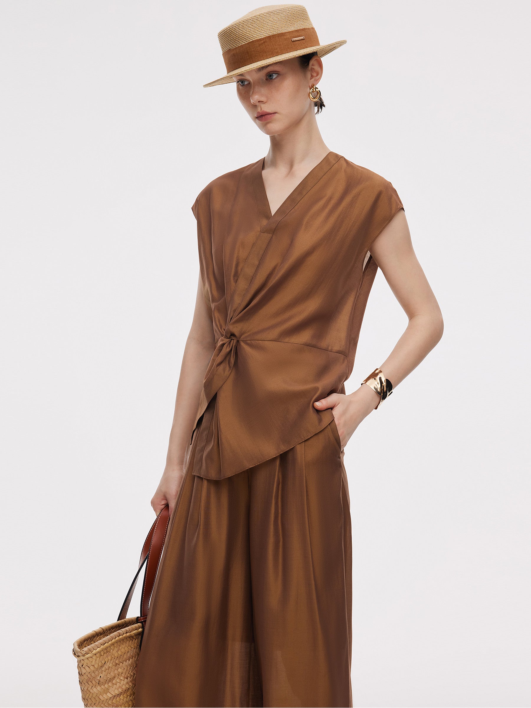 Acetate Modal Blend Twist Front Women Asymmetrical Top